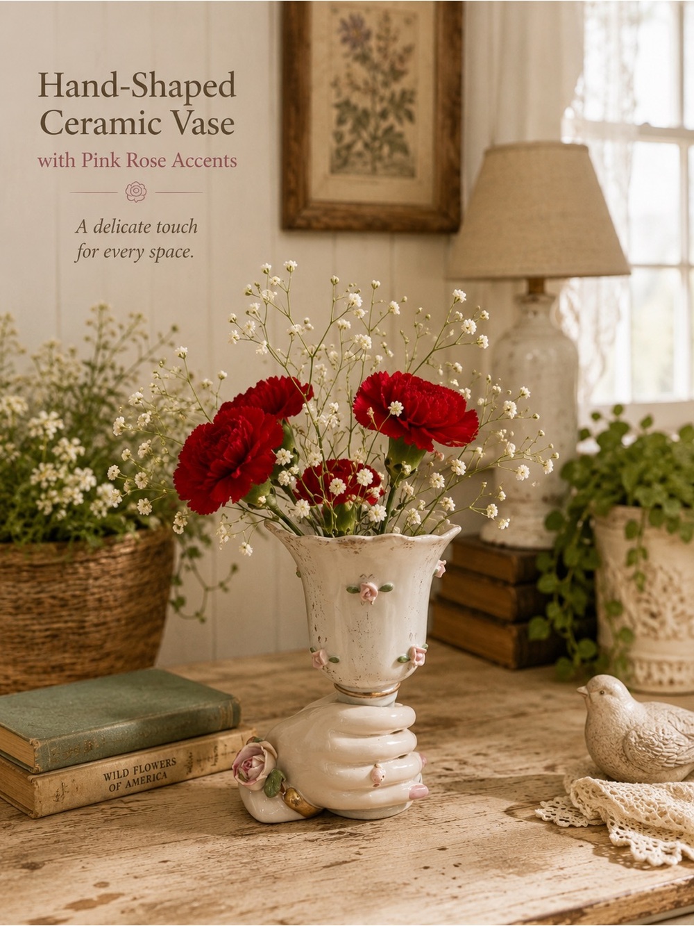 Vintage White Ceramic Hand-Shaped Vase with Pink Rose Accents